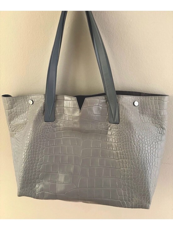 Vince Handbags - Vince. Gray Croc Embossed Large Tote Bag Magnetic Closure w/ Pouch Silver HW